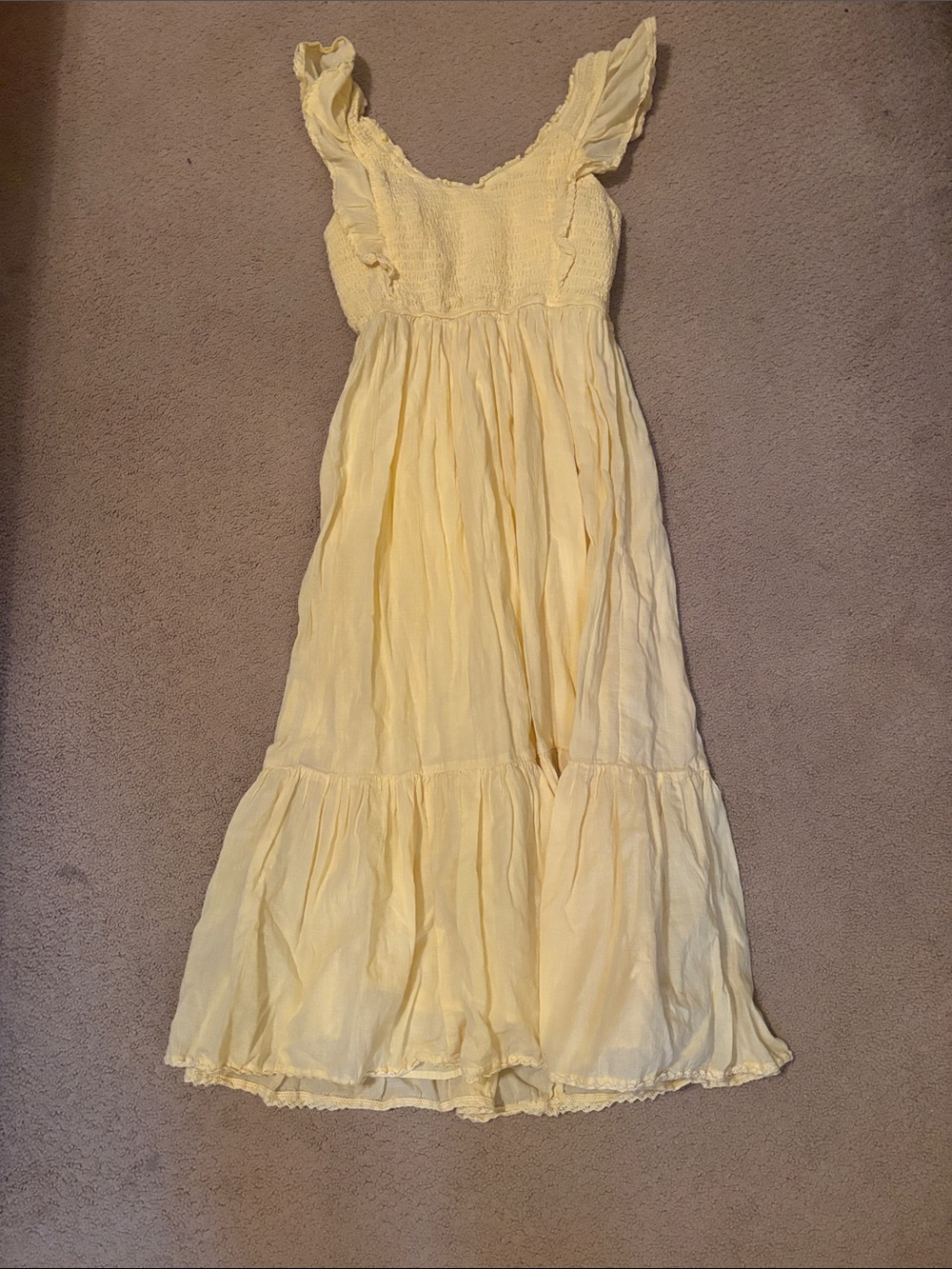 aerie Yellow Ruffled Strap Maxi Dress smocked Large L EUC